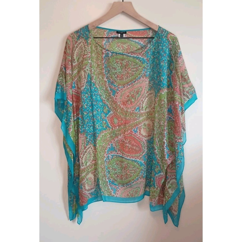 Talbots Woman 100% Silk Paisley Sheer Blouse Cape Sleeve Poncho Top X 1X